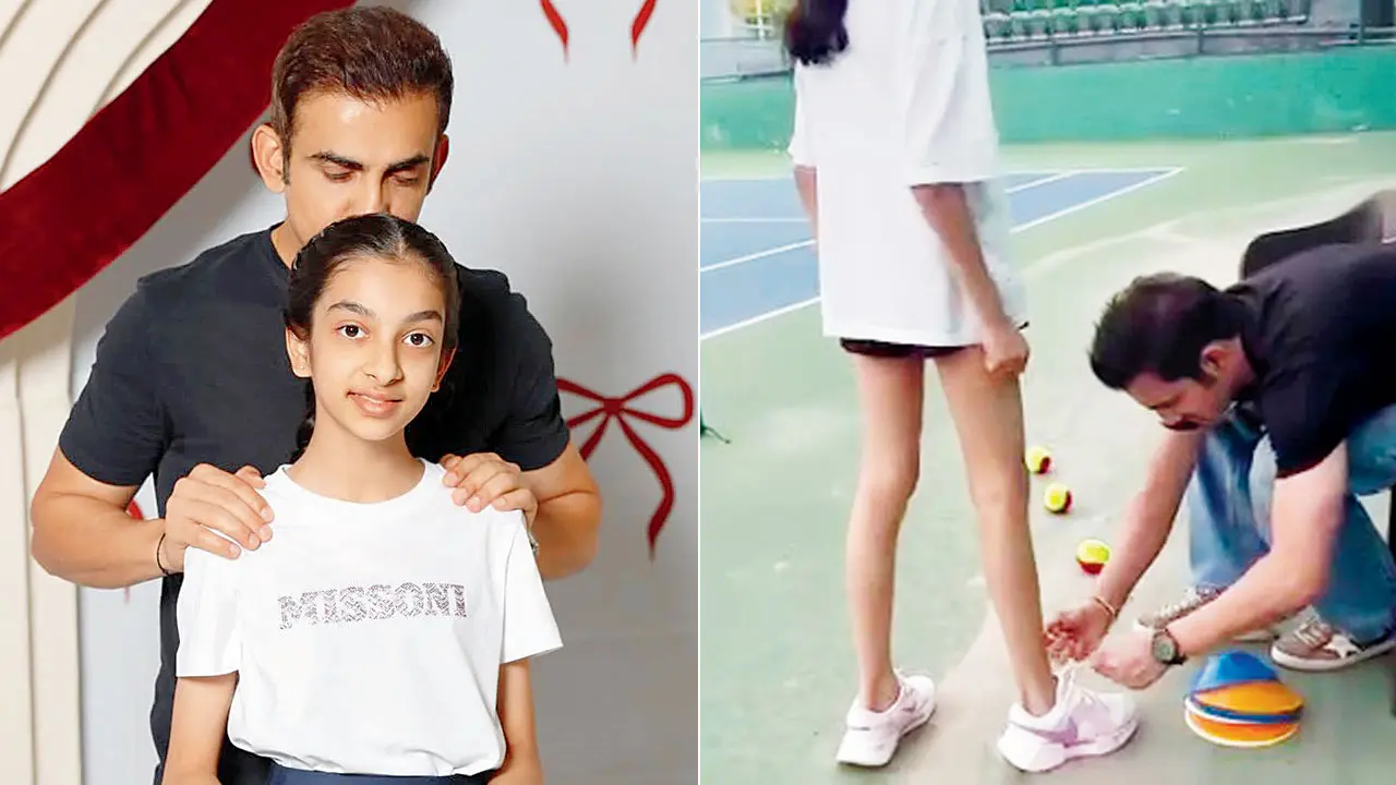 Gautam Gambhir and Aazeen; (right) Gautam Gambhir ties daughter Aazeen’s shoe laces. Pic/Gambhir’s Instagram