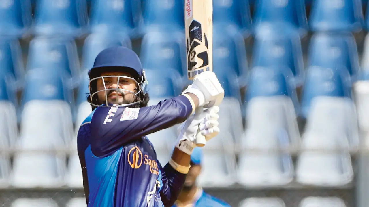 North Mumbai Panthers’s Hardik Tamore during his 67 against the Triumph Knights at Wankhede on Tuesday. Pic/Ashish Raje