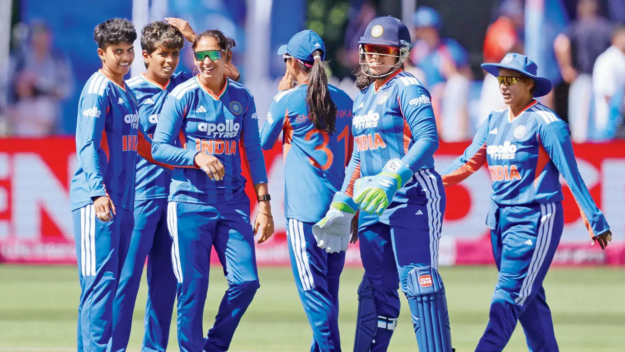 India players celebrate the wicket of England’s Amy Jones during the second T20I in Bristol last week. Pic/BCCI
