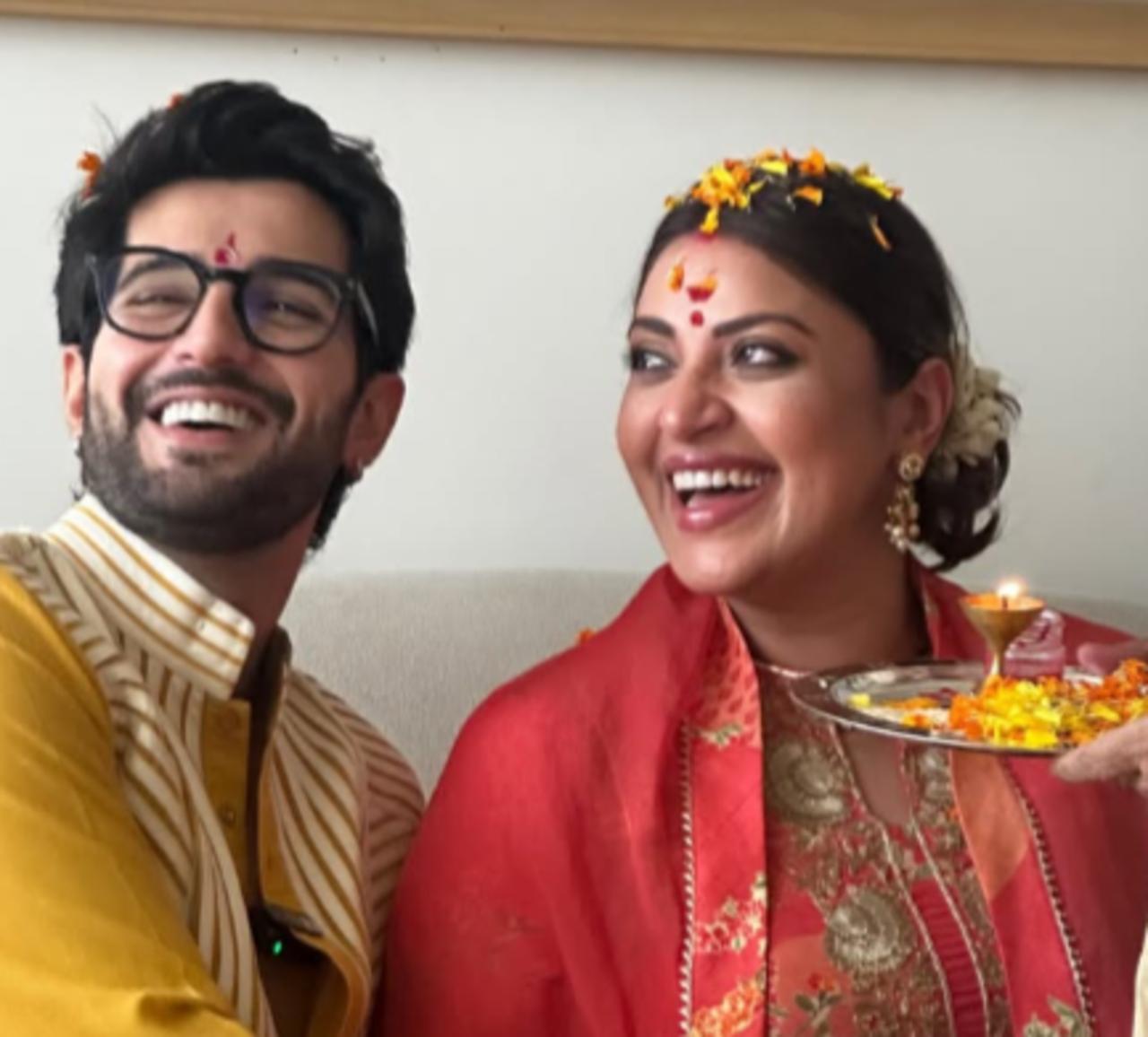 Aditya and Anushka shared a candid moment during the godh bharai rituals as they can be seen smiling.