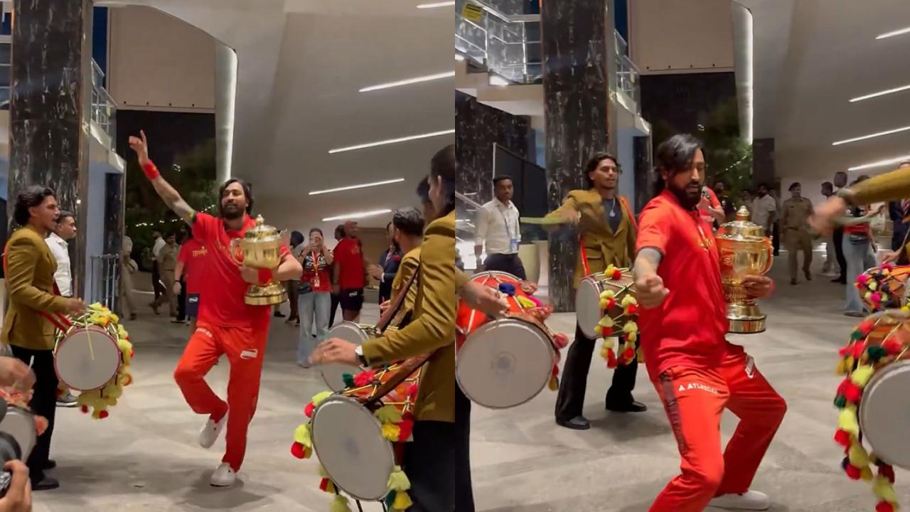 Star all-rounder Krunal Pandya was also seen flexing his dance moves. The left-handed batsman grooved to the beats of 'dhol' with the showpiece in his hands (Pic: X/@RCBTweets)