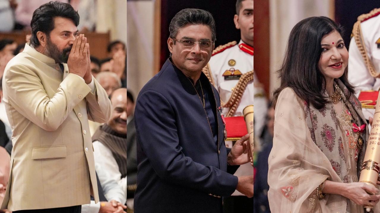 Padma Awards 2026: Alka Yagnik, Mammootty, R Madhavan, and others receive honour Celebs conferred with Padma Awards (Pics/PTI, X)
