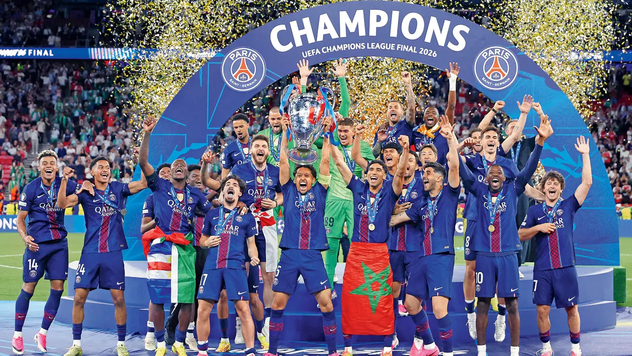 Champions League | ‘Once is hard, twice is harder!’: Marquinhos PSG players celebrate winning the Champions League after beating Arsenal in the final in Budapest on Saturday. Pics/AFP