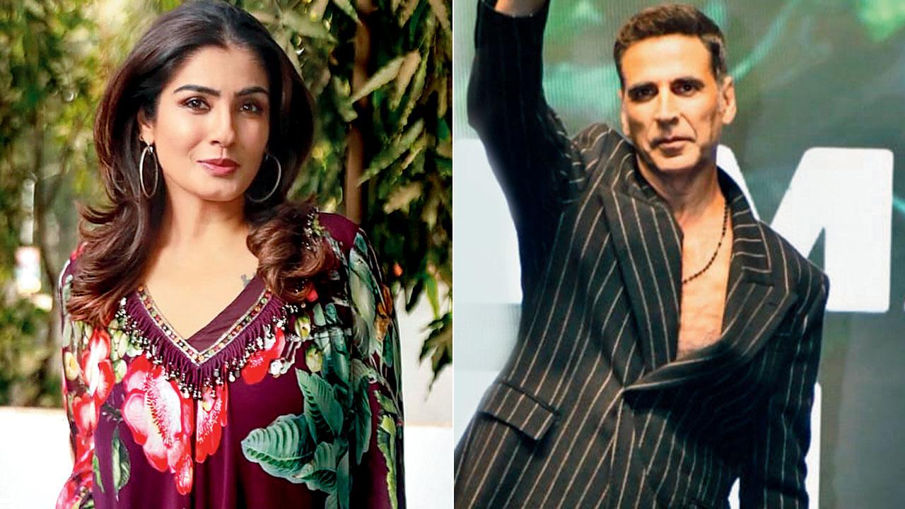 A ‘mast mast’ reunion Raveena Tandon; (right) Akshay Kumar. Pics/Yogen Shah, Instagram, Youtube