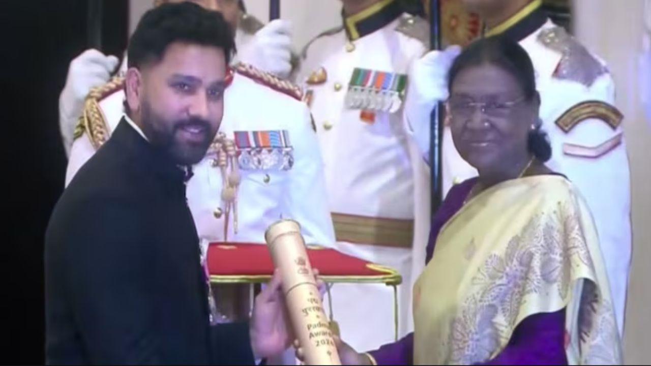 Rohit Sharma conferred with Padma Shri award by President Droupadi Murmu Rohit Sharma (Pic: X/DD News)