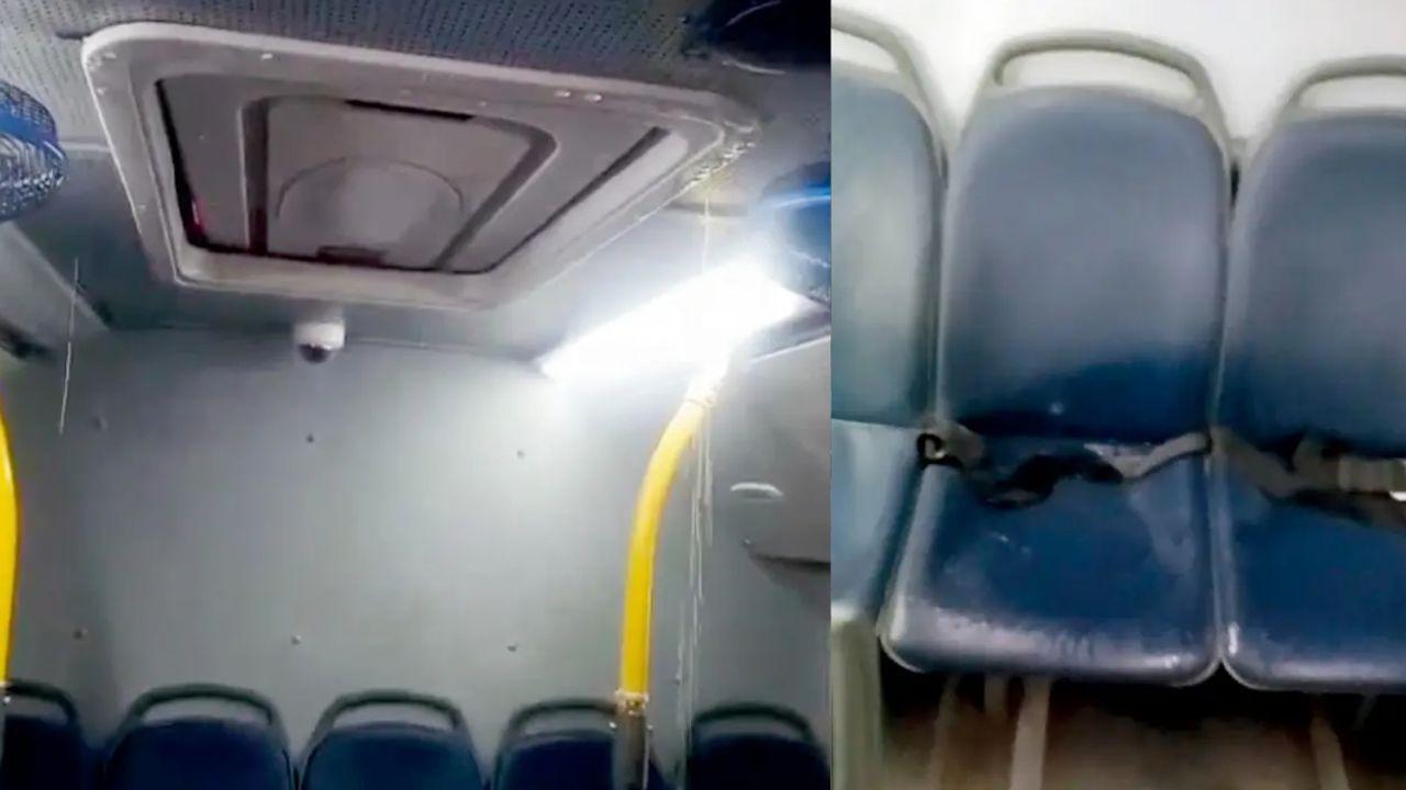 Rainwater collects on passenger seats inside a BEST bus after water leaked through the roof during Wednesday’s showers. Pics/By Special Arrangement