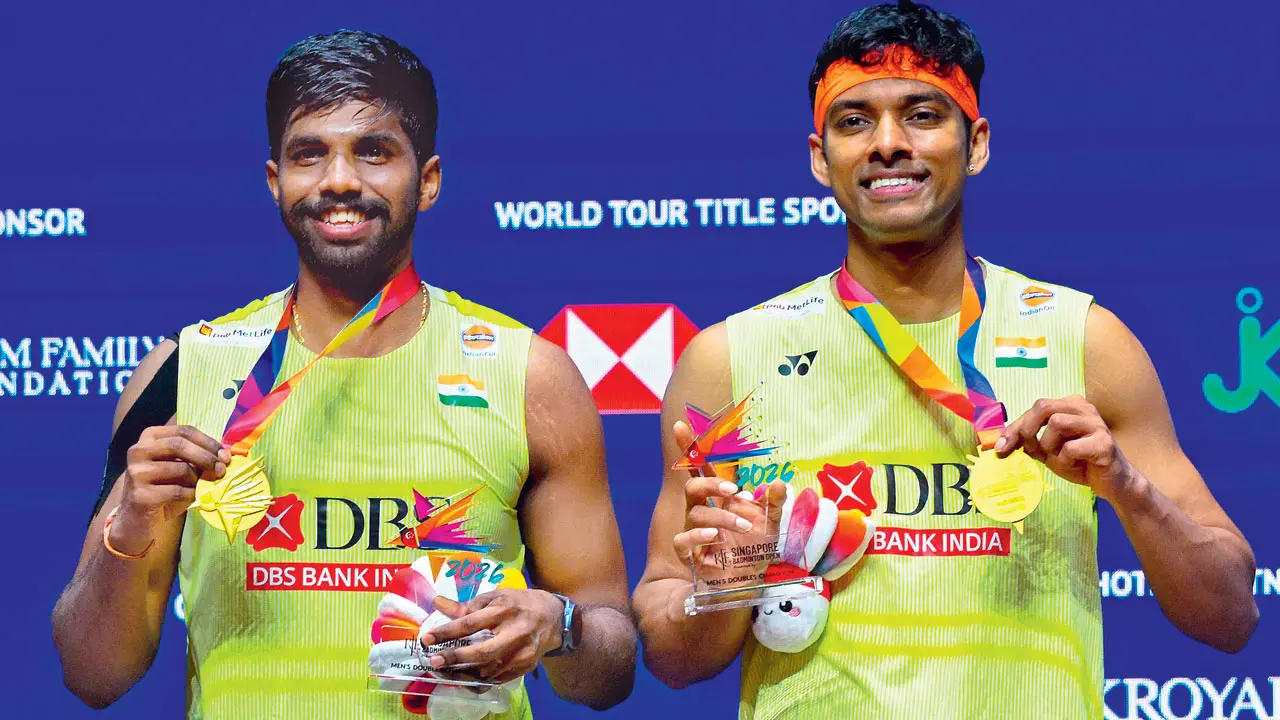 Singapore Open | 'We came here nervous, but this week was special': Satwik Satwiksairaj Rankireddy (left) and Chirag Shetty with their medals after winning the Singapore Open doubles title on Sunday. Pic/AFP