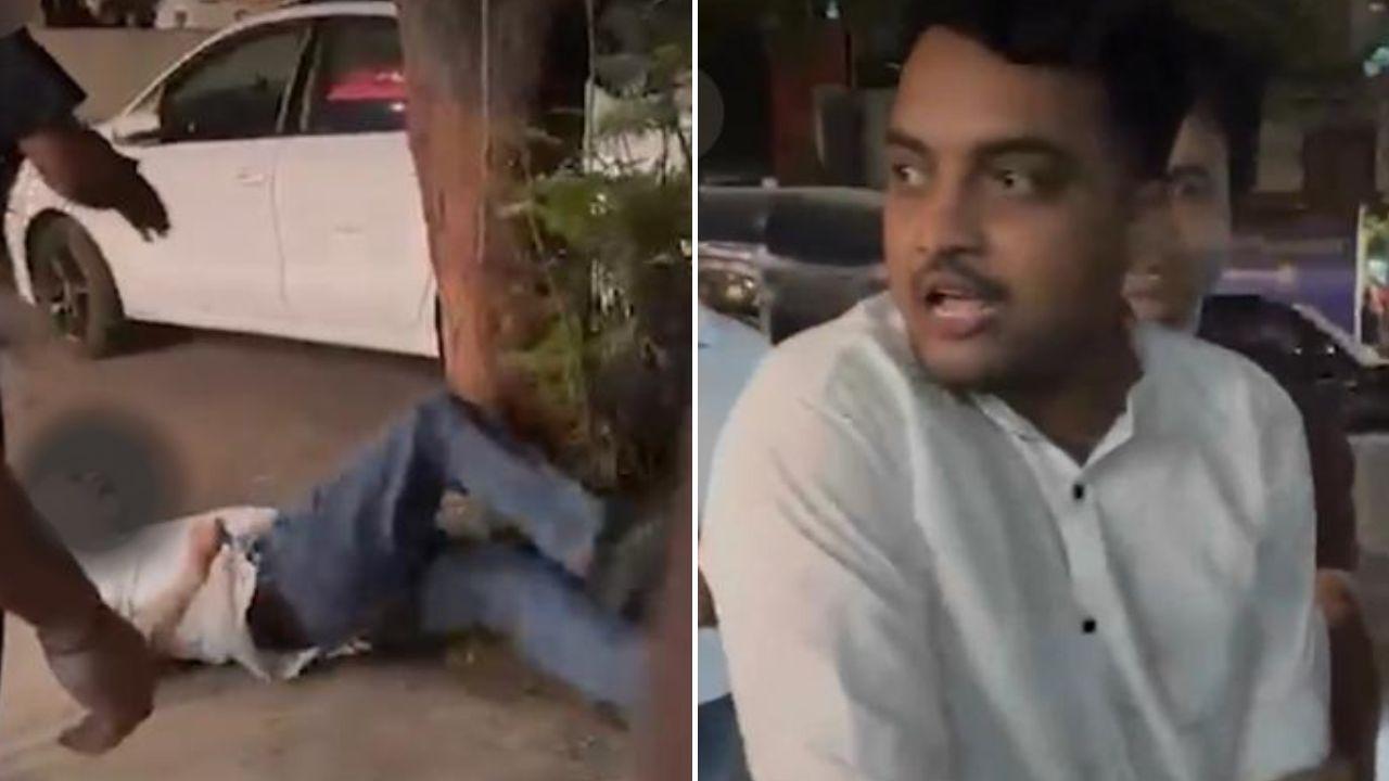 Thane attack video: Political leaders rush to nab driver, hand him over to cops The cab driver (right) allegedly became furious, assaulted the elderly man (left) and hurled abuses at him. Pic/ Screengrab, X