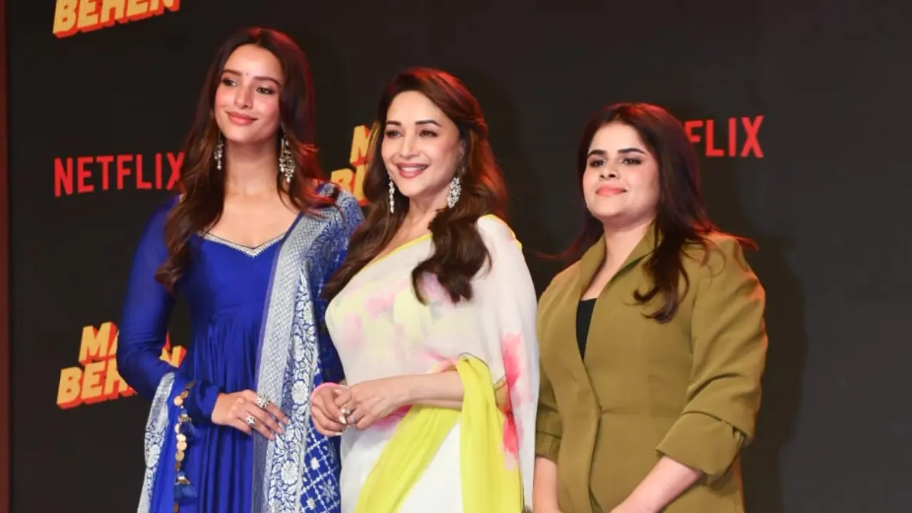 Triptii Dimri, Madhuri Dixit and Dharna Durga during Maa Behen promotions. Pic via Yogen Shah