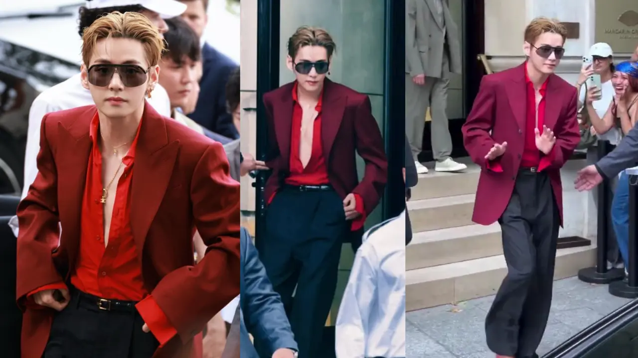 BTS V stuns in bold red look at Celine's Paris Fashion Week 2026 show BTS V (Pictures via X)