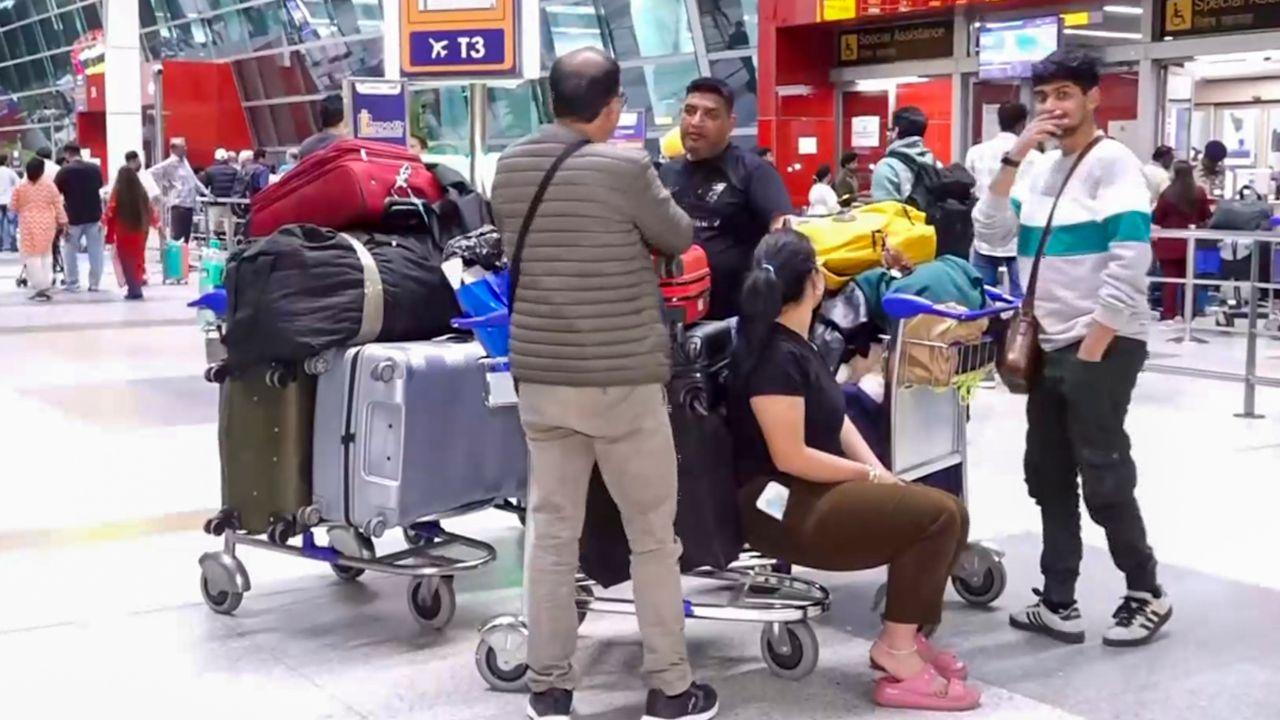 Airline counters witness long queues as travellers seek updates, with 87 international flights including 37 departures and 50 arrivals, cancelled on Monday alone