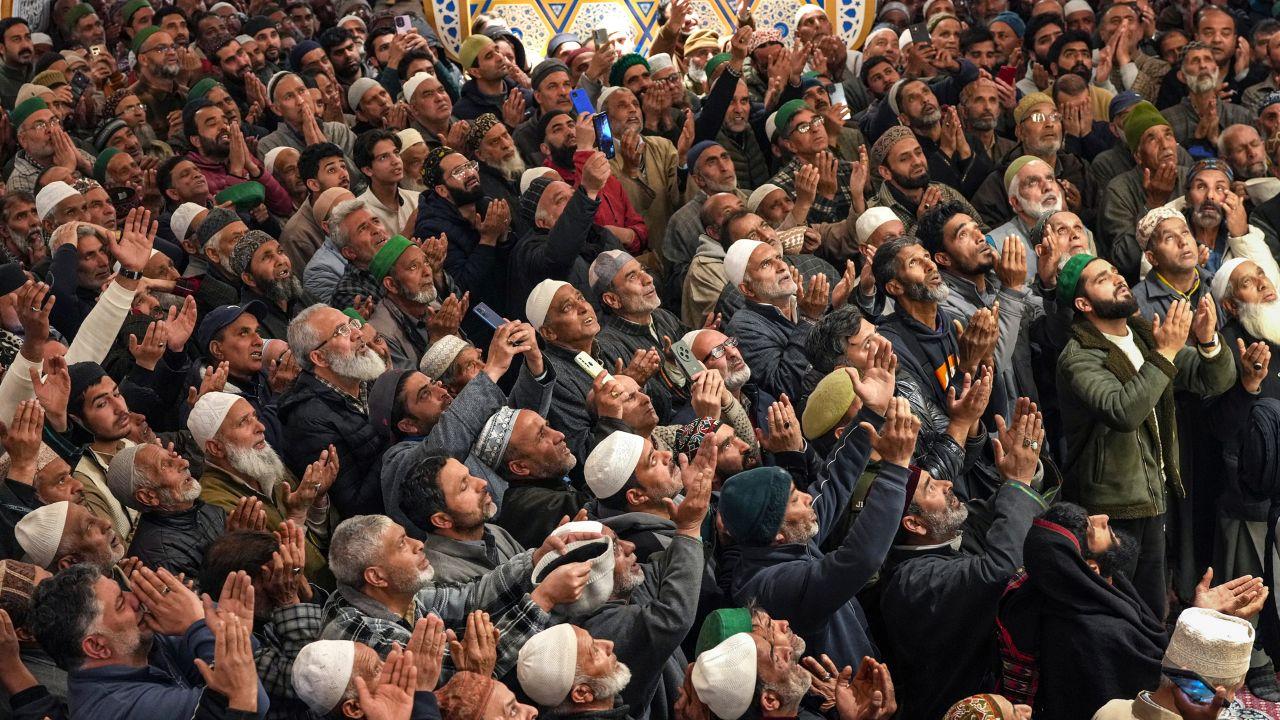 Thousands of Muslim devotees gather at the revered Hazratbal Shrine in Srinagar to offer special prayers on the 21st day of Ramzan