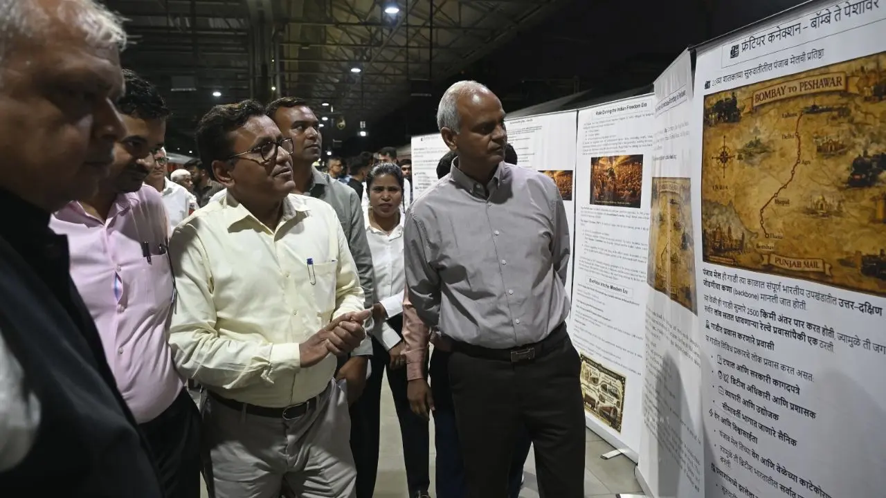Railway officials, including Central Railway's General Manager Prateek Goswami and Divisional Railway Manager Hiresh Mina, along with other senior officials, attend the unveiling of the revamped train in Mumbai