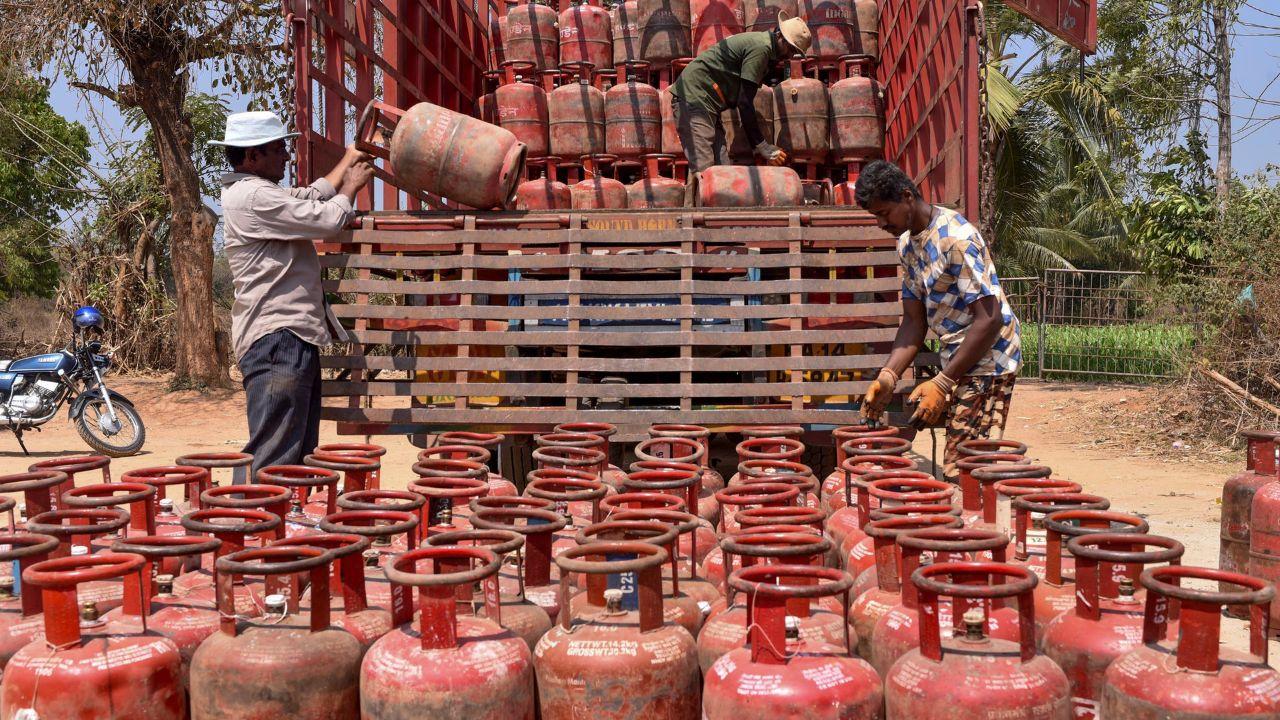 Workers load cylinders at depots following steep price hikes in Karnataka while Union MoS Shobha Karandlaje affirmed the public by saying that the Centre is aware of hotel associations’ concerns over commercial LPG shortages in Karnataka and across the nation and is committed to resolving challenges caused by the international situation