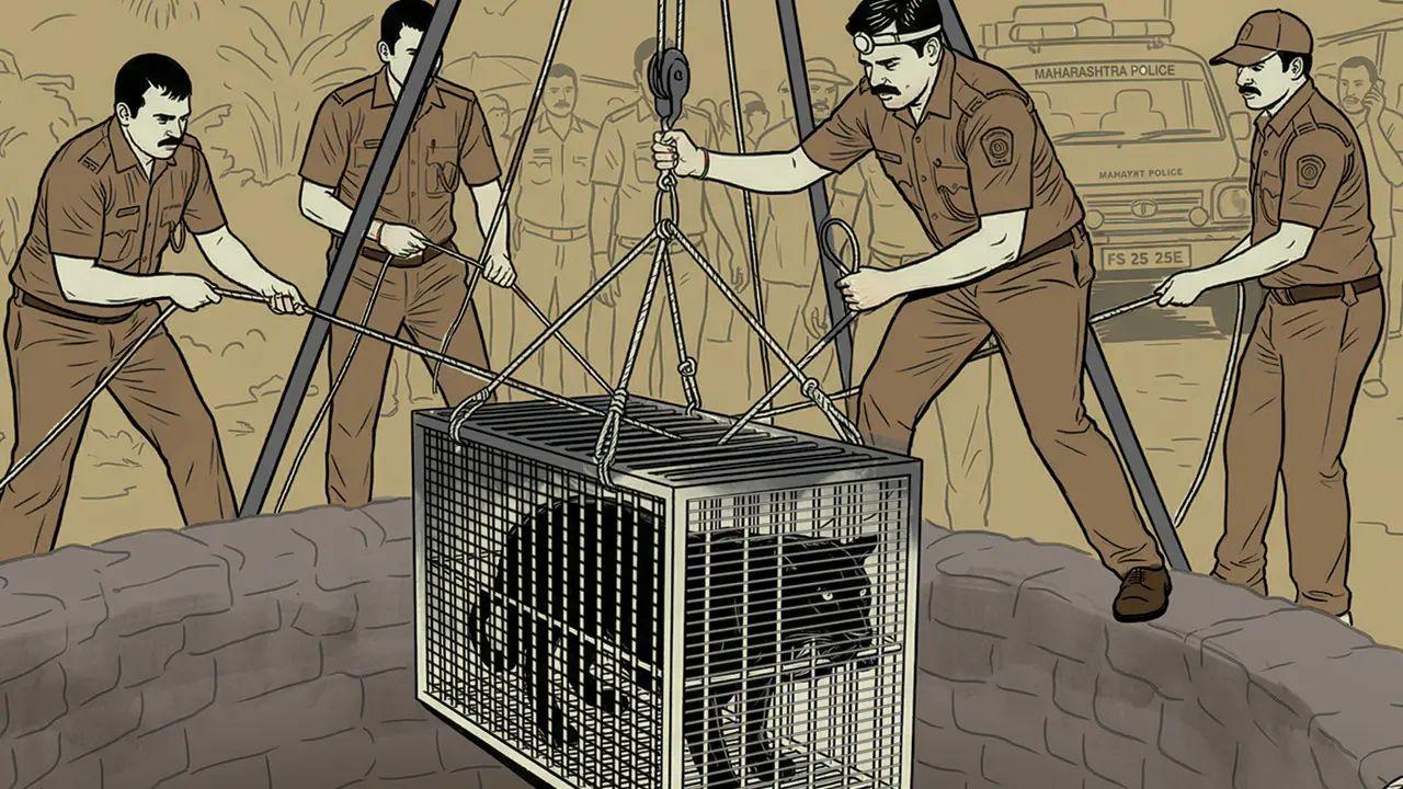 As the water rose, a metal cage was carefully lowered into the well, creating a safe trap for the panther