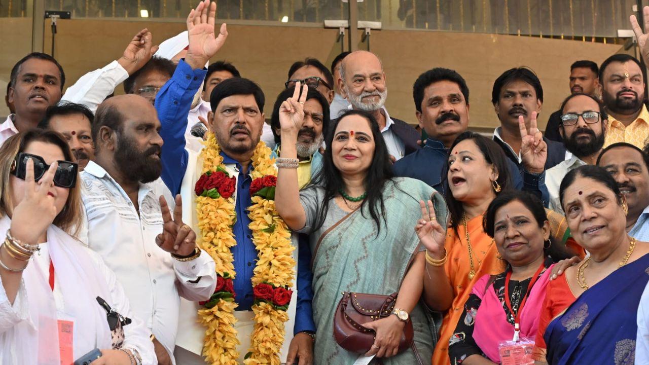 Union Minister and RPI (A) leader Ramdas Athawale is seen at Vidhan Bhavan as he prepares to file his nomination for the Rajya Sabha elections as a candidate backed by the BJP-led Mahayuti alliance