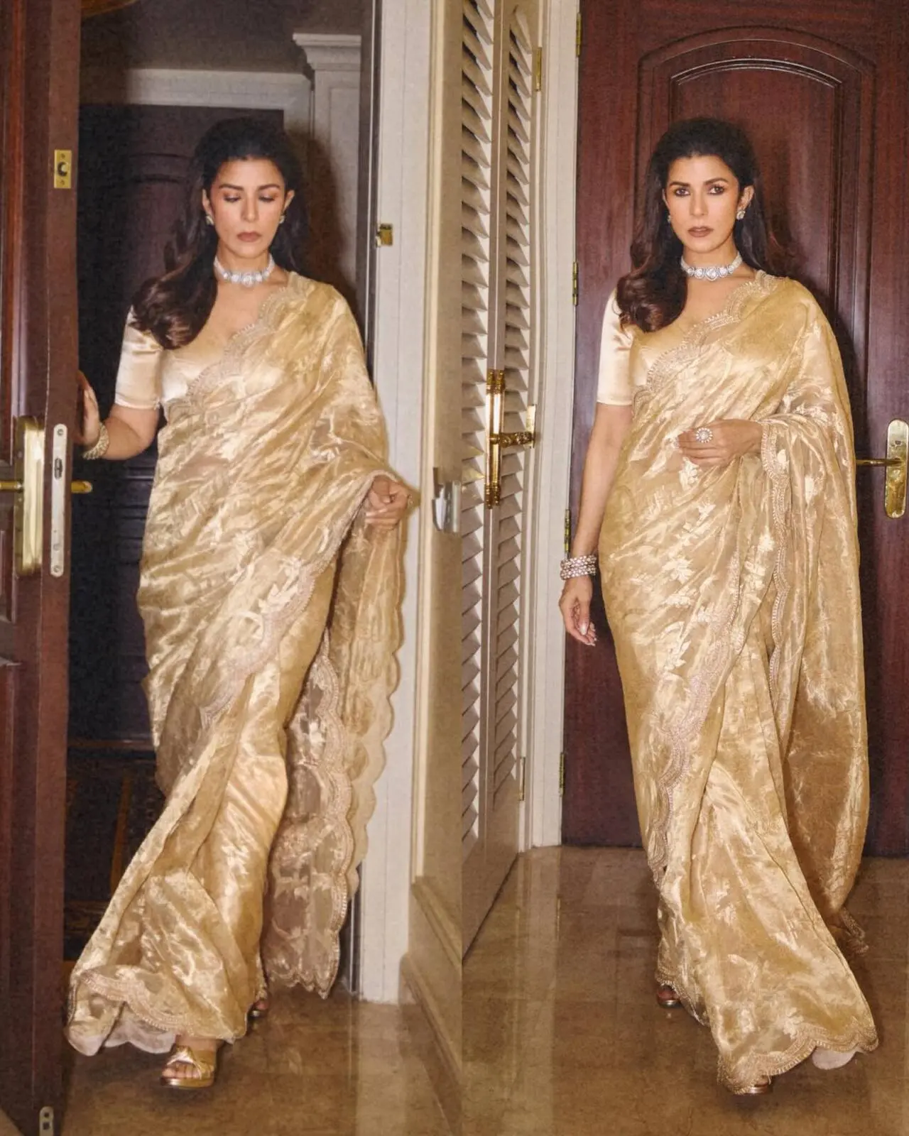 Nimrat dripped in gold by donning a tissue drape with fine prints. The actress paired the saree with a velvet blouse featuring an elegant V neckline.