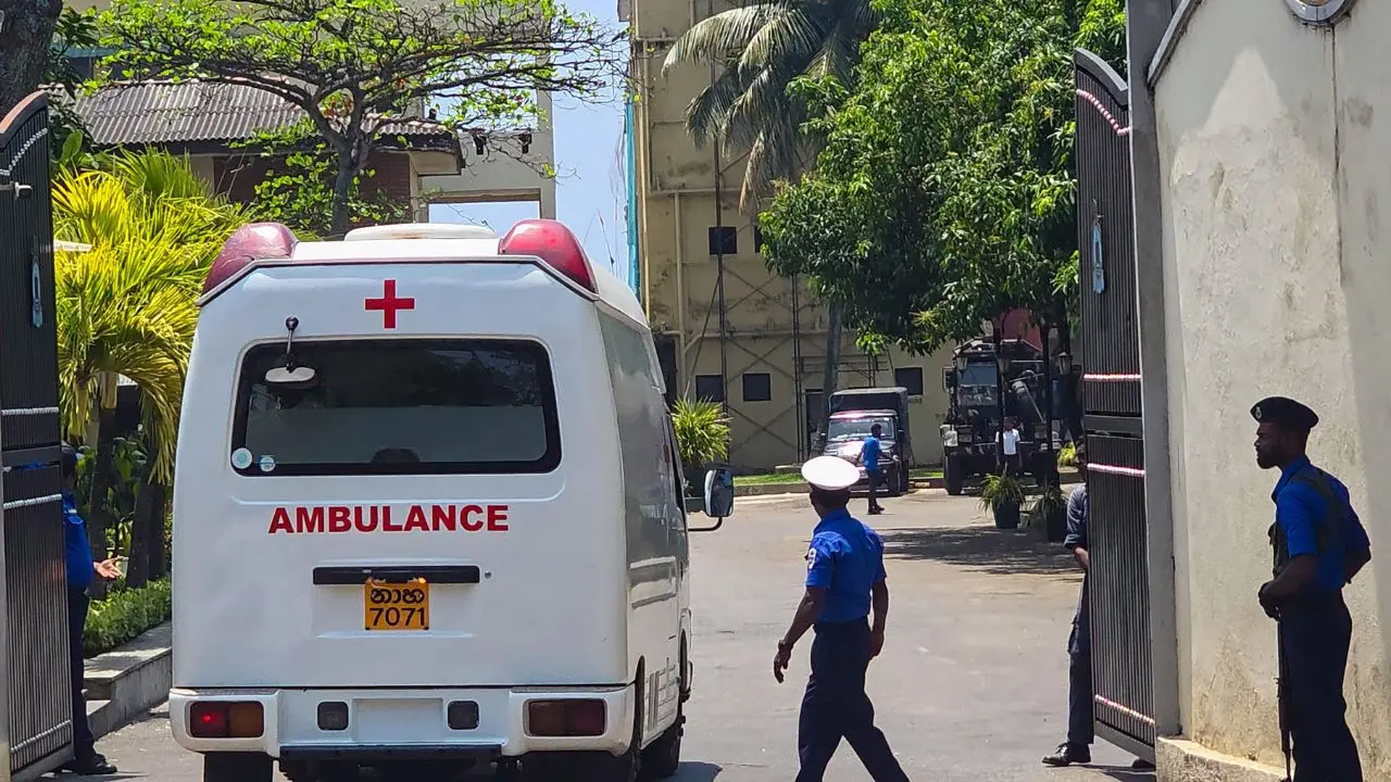 Ambulances arrive at the Sri Lanka Navy’s Southern Command headquarters in Galle, transporting survivors who were first brought ashore following the dramatic sea rescue operation
