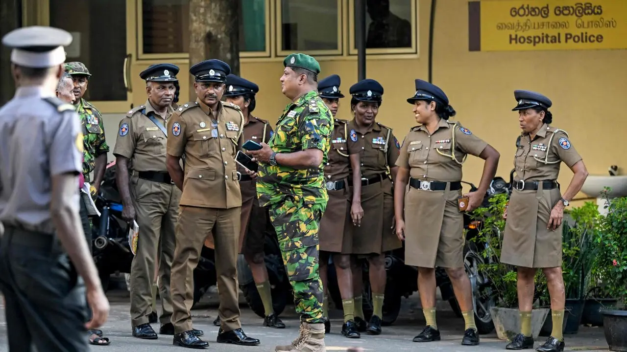 Sri Lankan Special Task Force commandos and police stand guard outside Karapitiya Hospital, where 32 rescued Iranian sailors were admitted amid heightened security