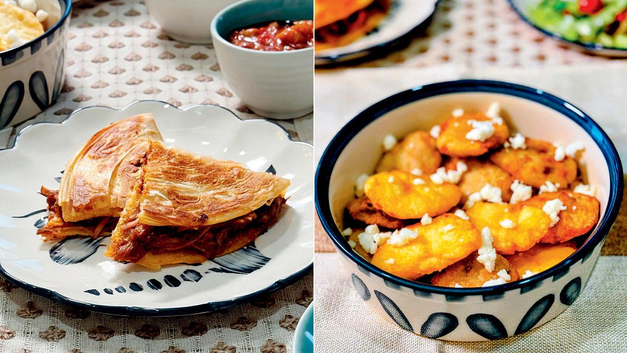 Sindhi mutton quesadilla; (right) Aloo Tuk with truffle and feta
