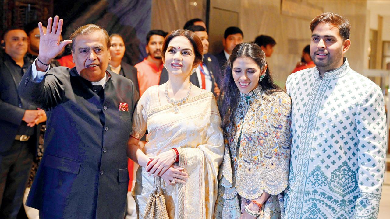 Reliance Industries chairman Mukesh Ambani attends the wedding with wife Nita Ambani, son Akash Ambani and daughter-in-law Shloka Ambani