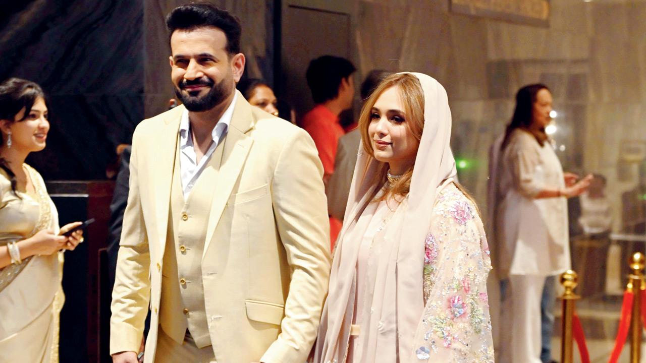 Former India all-rounder Irfan Pathan arrives with wife Safa Baig for the wedding festivities