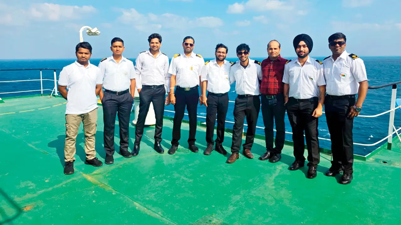 Some of the 33 crew members aboard the vessel, which is carrying enough LPG to fill 36 lakh cylinders