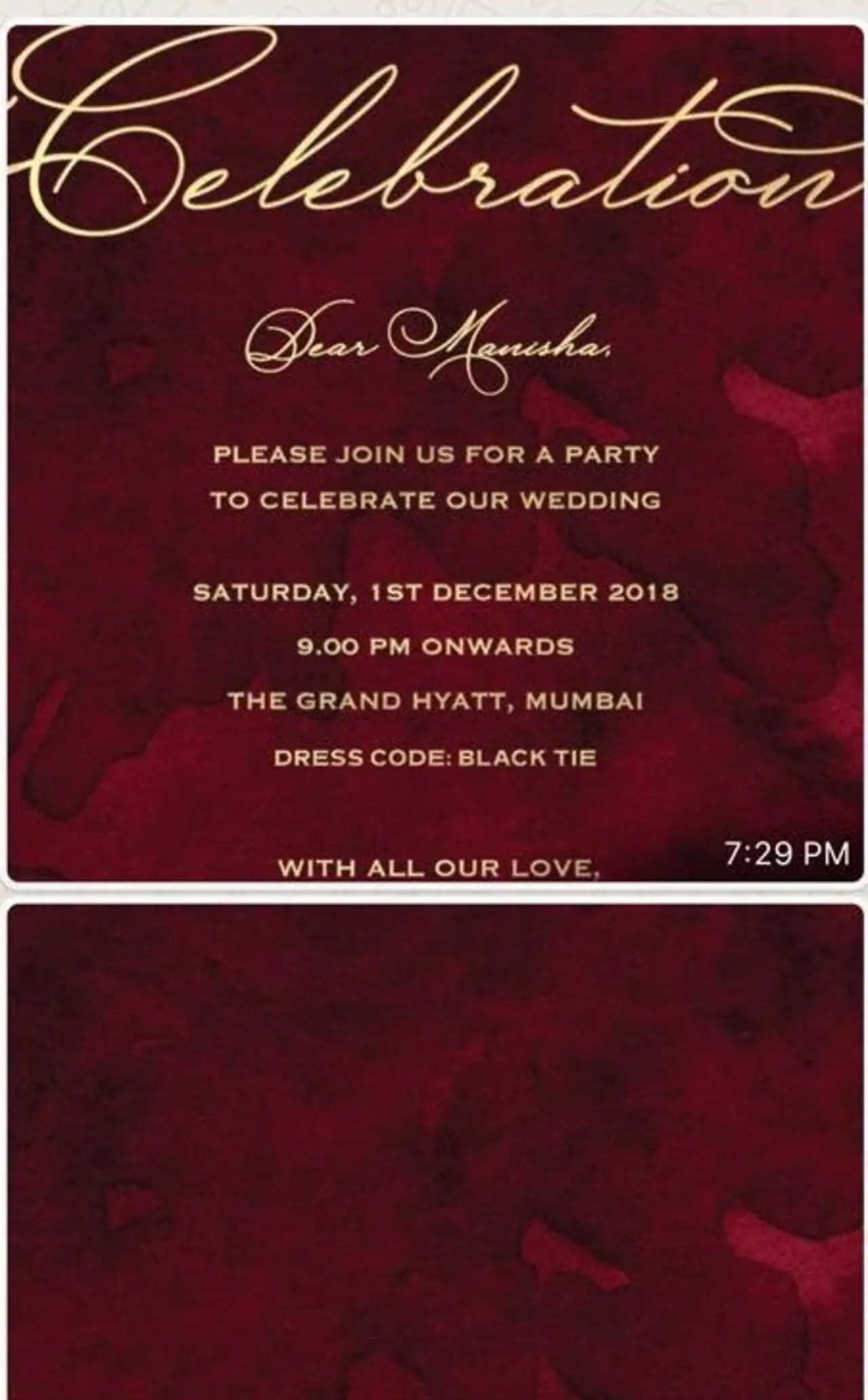 Actress Manisha Koirala had shared Deepika Padukone and Ranveer Singh's invitation card, which featured a rich maroon textured base with text written in gold.