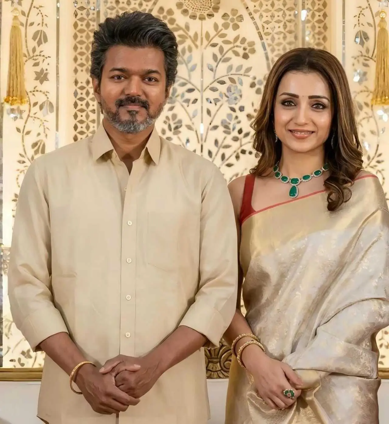 Thalapathy Vijay shocked everyone with his public appearance with actress Trisha at a wedding reception. The appearance was viewed as a statement to rumours of his extramarital affair with Trisha. 