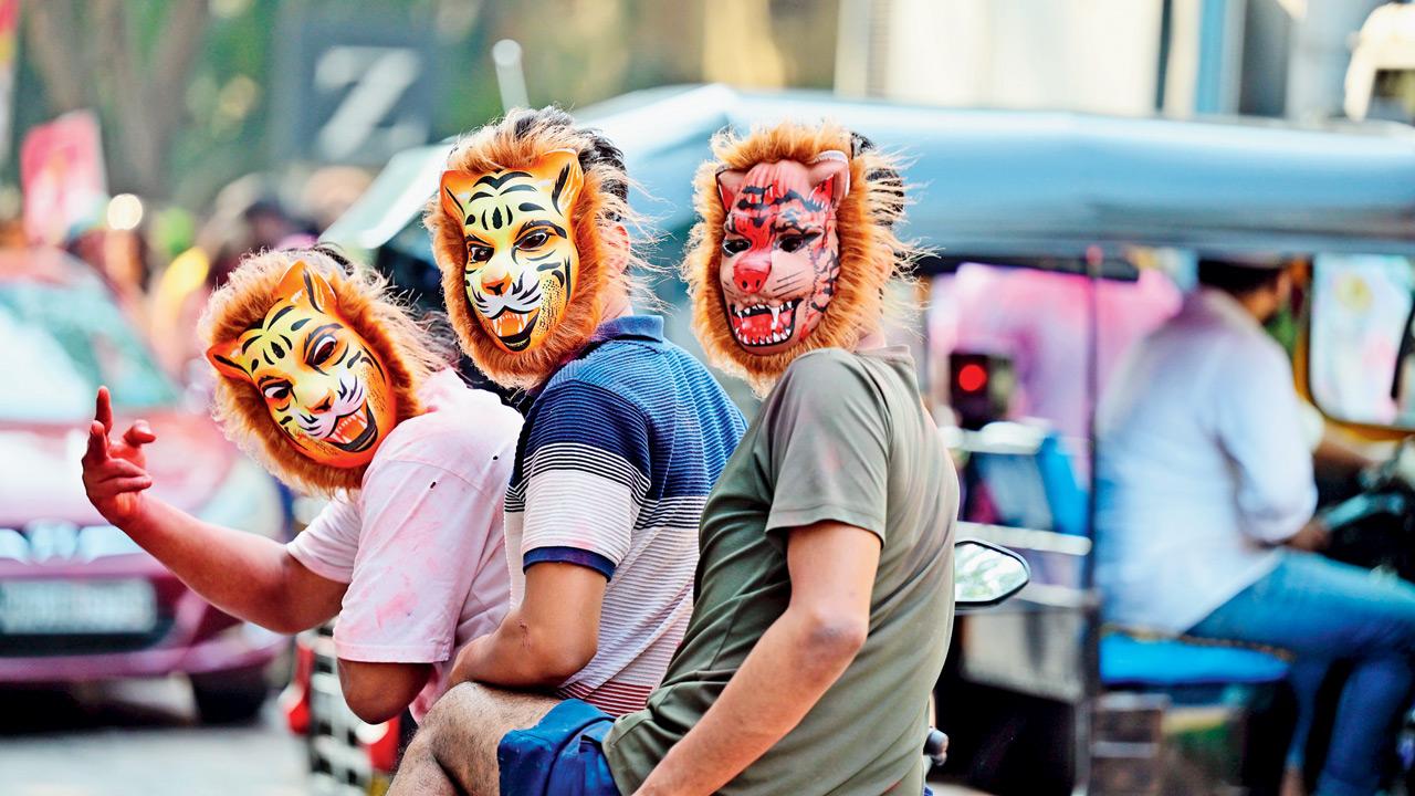 Boys with tiger masks ride three-a-seat at Juhu. PIC/SHADAB KHAN