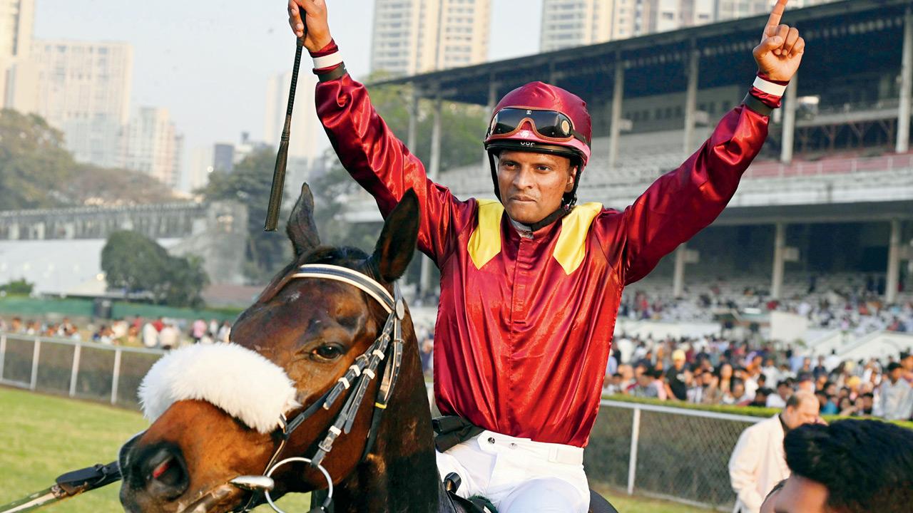 Jockey A Sandesh wins the Indian Derby in 2025. Pic/ASHISH RAJE