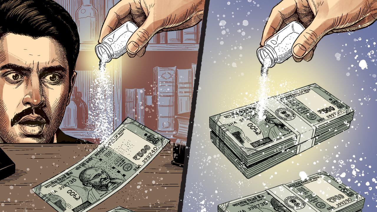 The Con: After winning his confidence, the man asked for a larger sum. They pack R7 lakh in Khaki paper bundles, say the “process” takes two hours, and leave — only for the victim to find the bundles filled with plain paper later. ILLUSTRATIONS/UDAY MOHITE