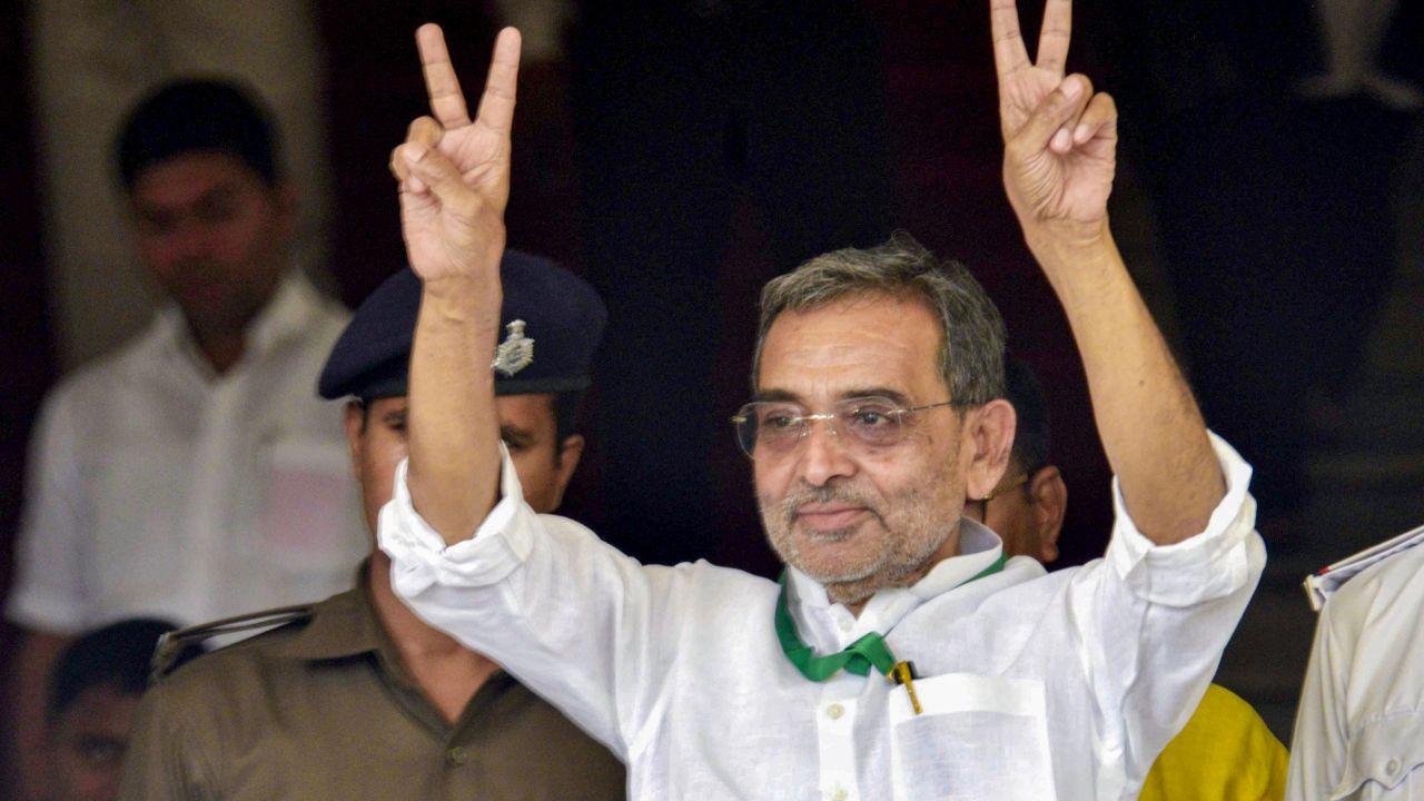Rashtriya Lok Morcha (RLM) chief and NDA candidate Upendra Kushwaha while visiting the poling office. 26 candidates have already secured victory unopposed. Voting was on Monday taking place for the remaining 11 seats, including five from Bihar, four from Odisha, and two from Haryana