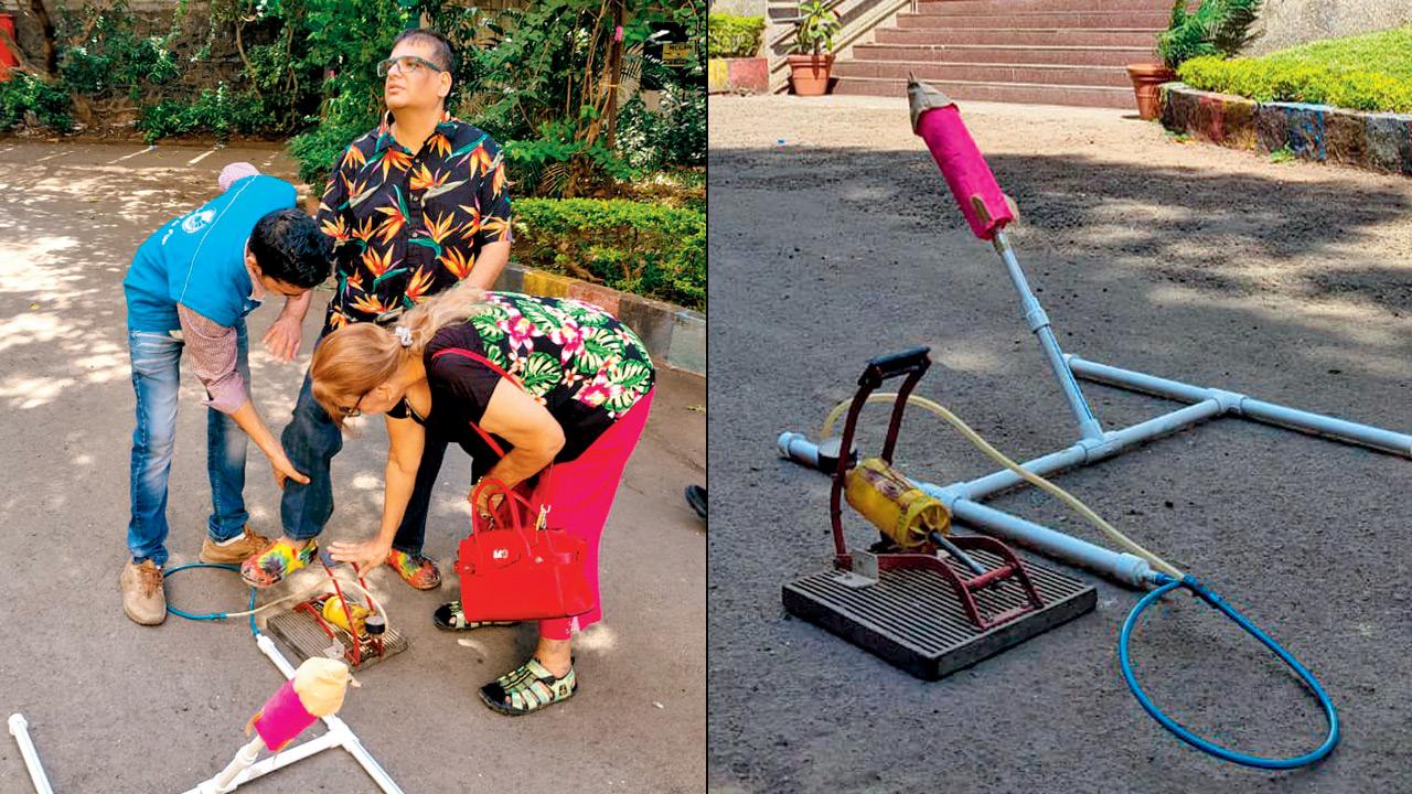 Attendees engage and experiment with the rocket launcher (right) the water rocket launcher. Pics courtesy/Nehru science centre