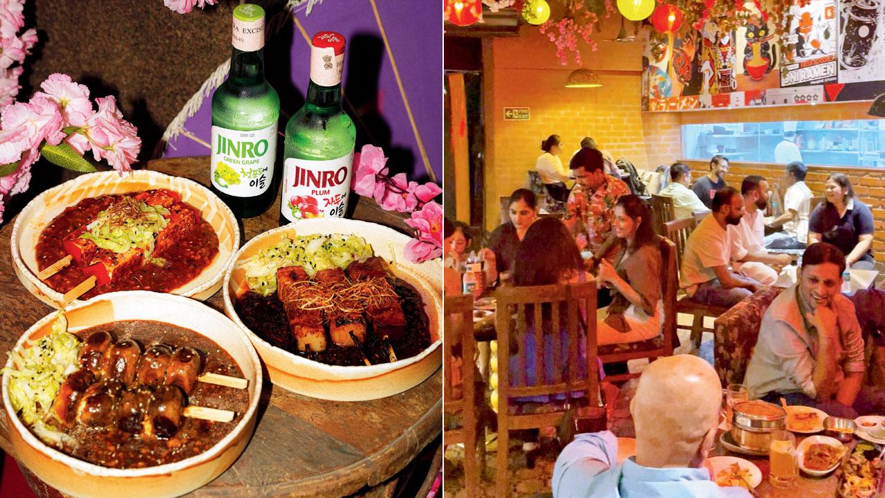 Robata Grill dishes; the technique traditionally consists of small portions of meat, seafood or vegetables slow-cooked on a charcoal grill; (right) a glimpse of the ambience at the outlet