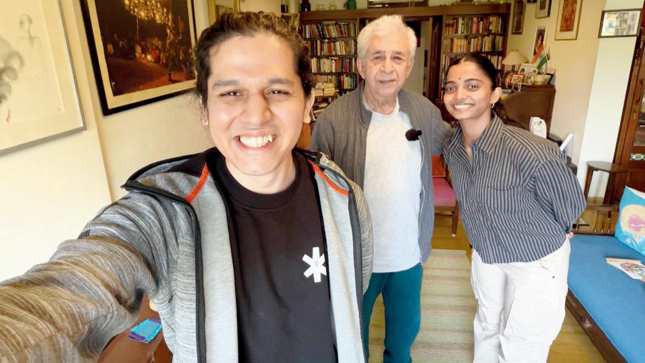 (Left to right) Siddhant Shelar, Naseeruddin Shah, and Nandini Pillai. Pic courtesy/Siddhant Shelar