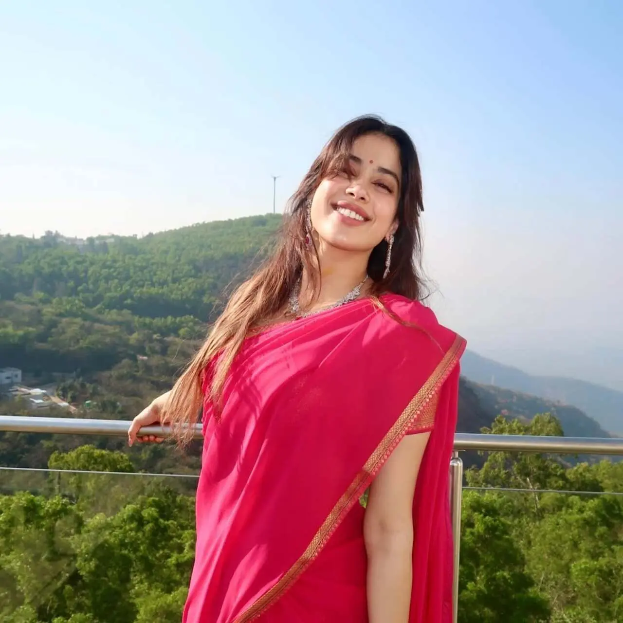 She paired the look with minimal jewellery and kept her hair neatly styled, letting the elegance of the saree stand out.