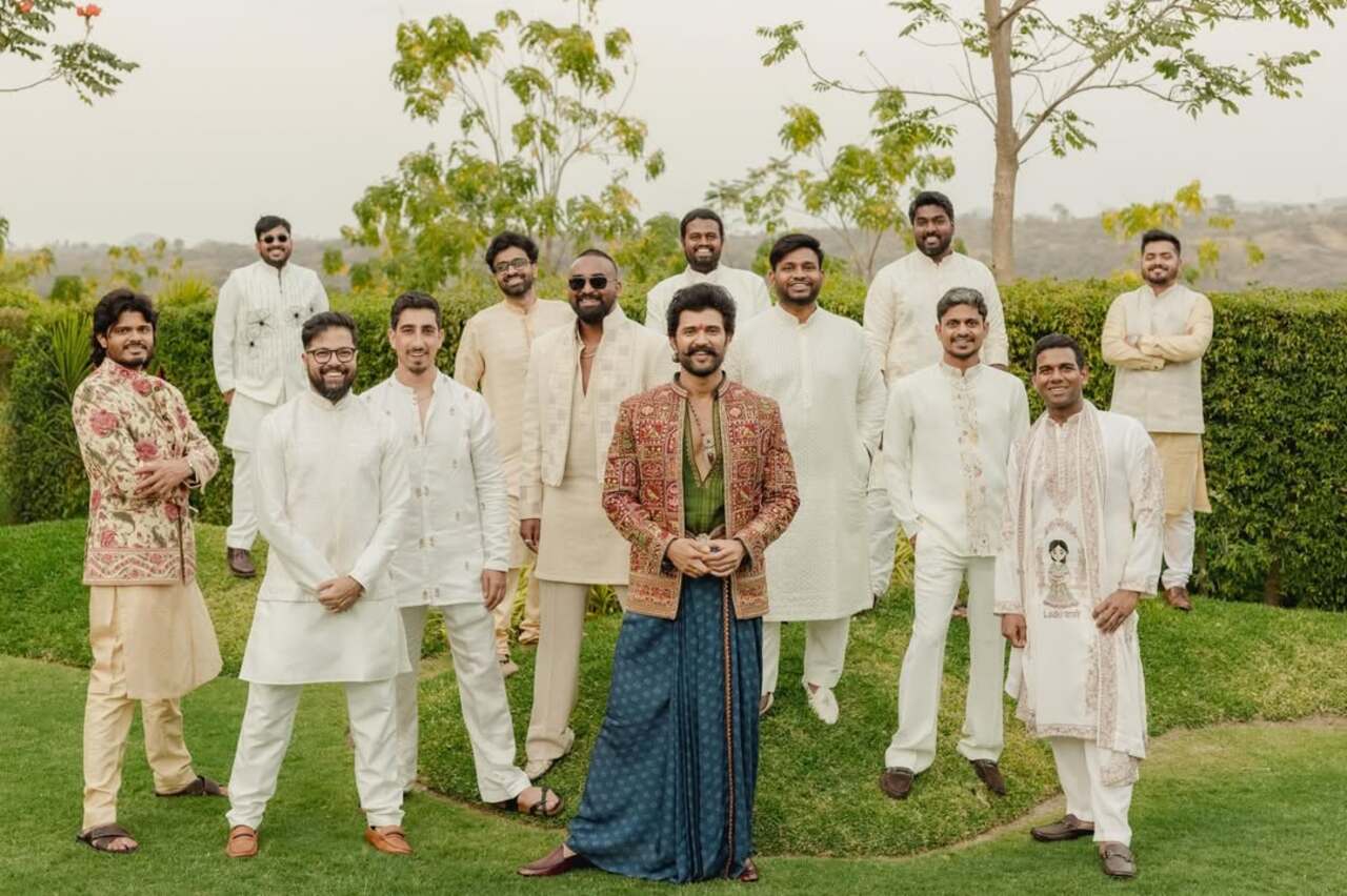 Vijay Deverakonda posed in style with his groomsmen during the wedding celebrations, sharing a fun and stylish moment with his closest friends.