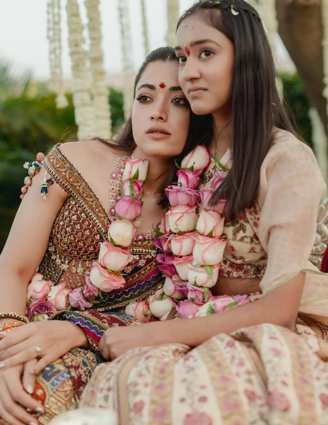Rashmika Mandanna shared an emotional moment with her sister during the wedding celebrations, as the two posed together with teary smiles.