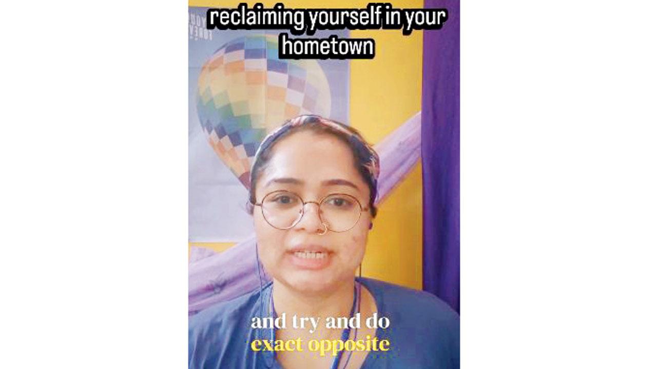 In this reel, for example, Subramanian talks about how women should return to places where their bodies were policed and unlearn hate for one’s body by just breathing and living in the same space