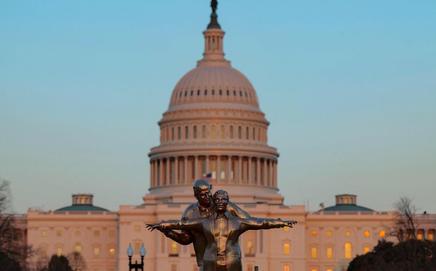 A 'Titanic'-themed satirical statue of US President Donald Trump and late convicted sex offender Jeffrey Epstein on the National Mall in Washington, DC, on Tuesday. PIC/AFP