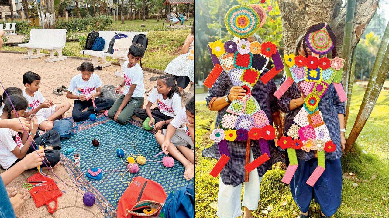 Children crochet during the session (right) participants display figures wearing crochet Warli art. Pics courtesy/Dhai Akshar
