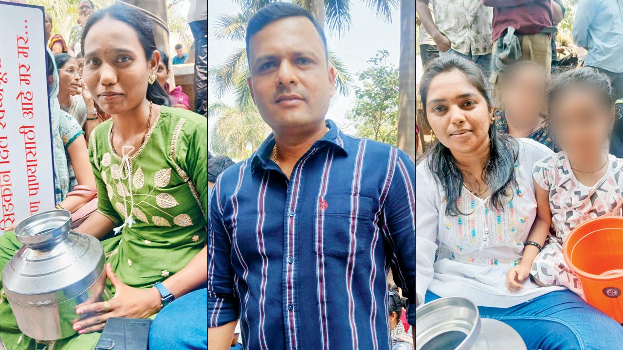 Sayali Kadam a resident, Sandip Mutal a resident and Anita Garje, a resident, along with her daughter at the protest