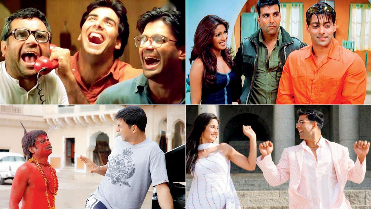 Paresh Rawal, Akshay Kumar, and Suniel Shetty in ‘Hera Pheri’; Priyanka Chopra, Akshay Kumar, and Salman Khan in ‘Mujhse Shaadi Karogi’; Rajpal Yadav and Akshay Kumar in ‘Bhool Bhulaiyaa’; Katrina Kaif and Akshay Kumar in ‘Welcome’