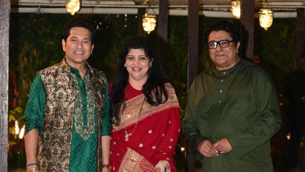 Sachin Tendulkar with MNS chief Raj Thackeray and Sharmila Thackeray. (PIC/ YOGEN SHAH)