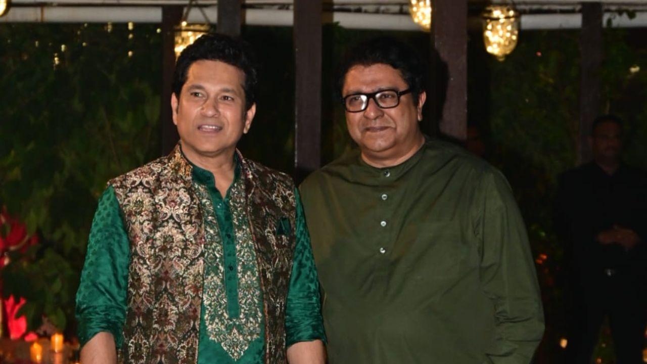 Sachin with the MNS chief at the pre-wedding ceremony. PIC/ YOGEN SHAH