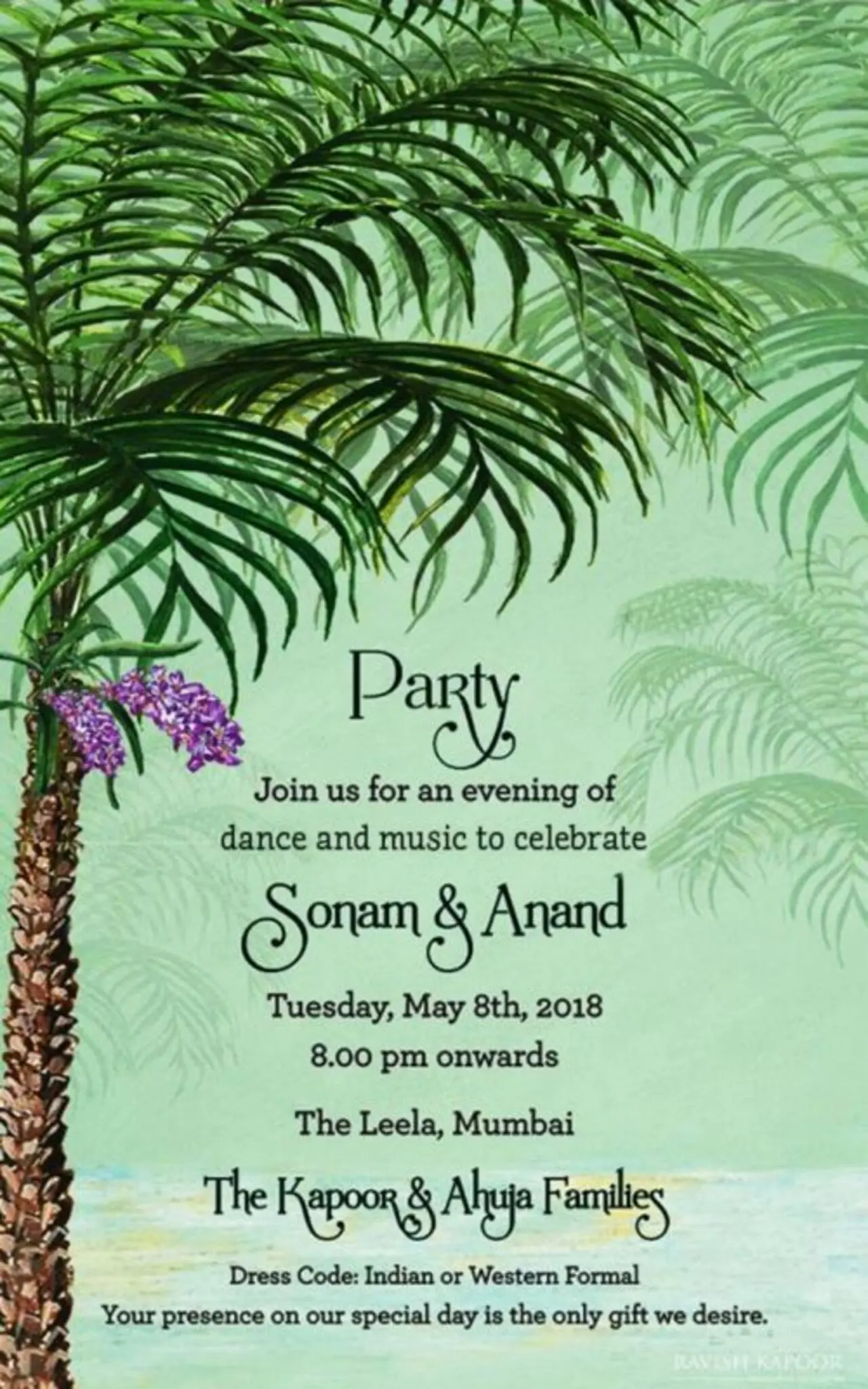 Sonam Kapoor and Anand Ahuja's wedding invite included three separate cards for Mehendi, Wedding and Party, each with different themes and designs.