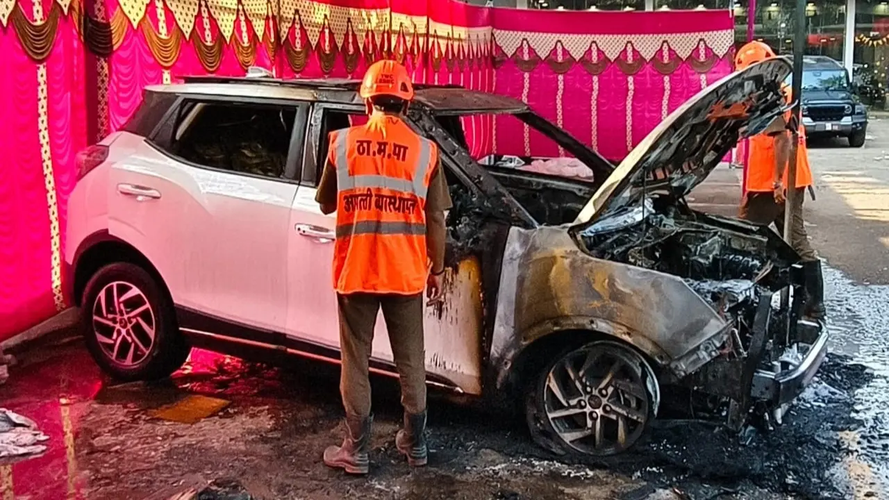 IN PHOTOS: Fire breaks out in vehicle outside car showroom in Thane