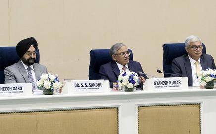 ECI Commissioner Gyanesh Kumar (centre) addressed press ahead of assembly election 2026. PIC/ PTI