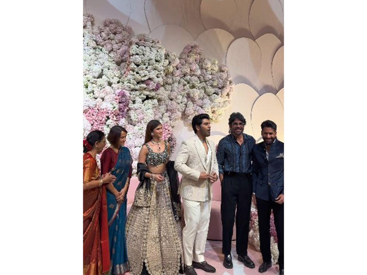 In a candid moment, Nagarjuna, wife Amala and Naga Chaitanya were seen along with the couple and Nirmala Allu.